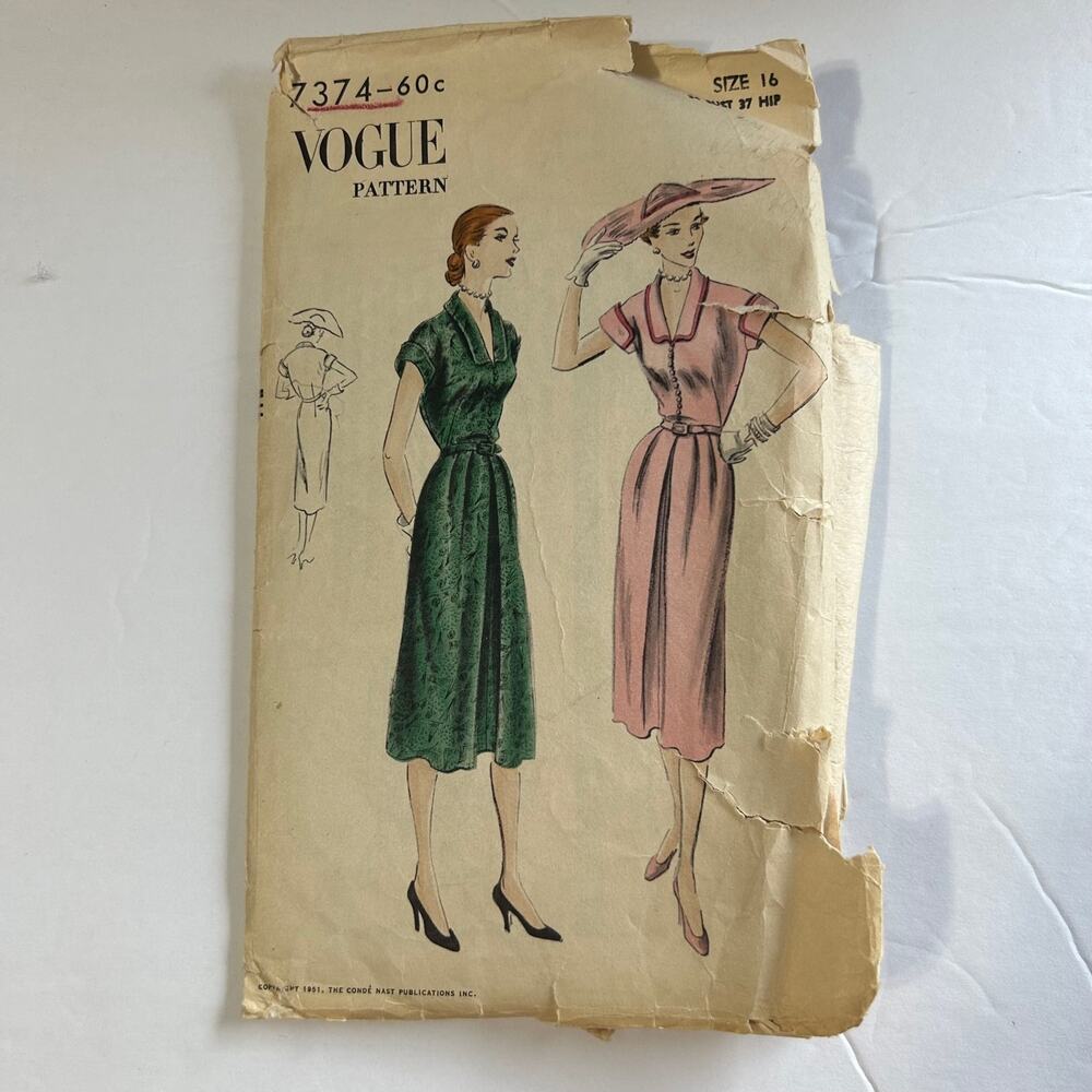 Vogue‎ Vintage 1950's Pattern #7374 Women's One Piece Dress Size 16 HTF RARE